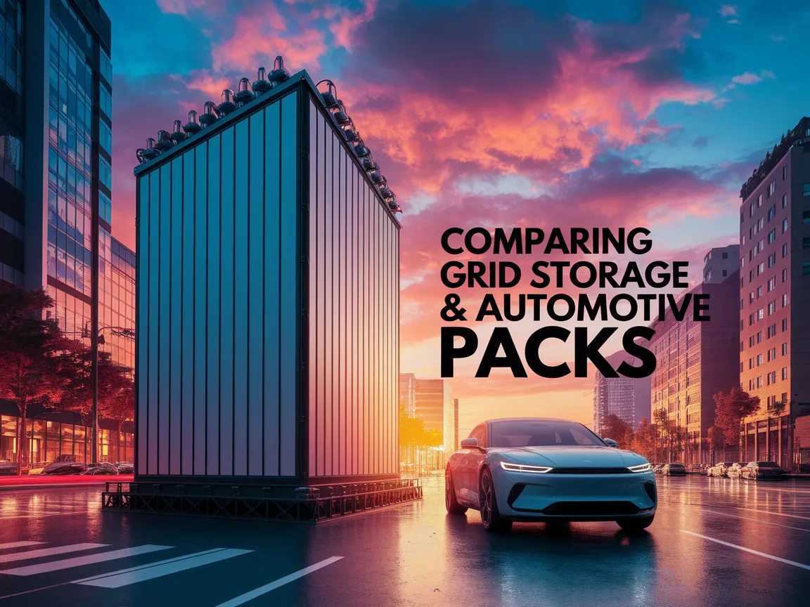 Image illustrating the differences between grid storage systems and automotive battery packs.