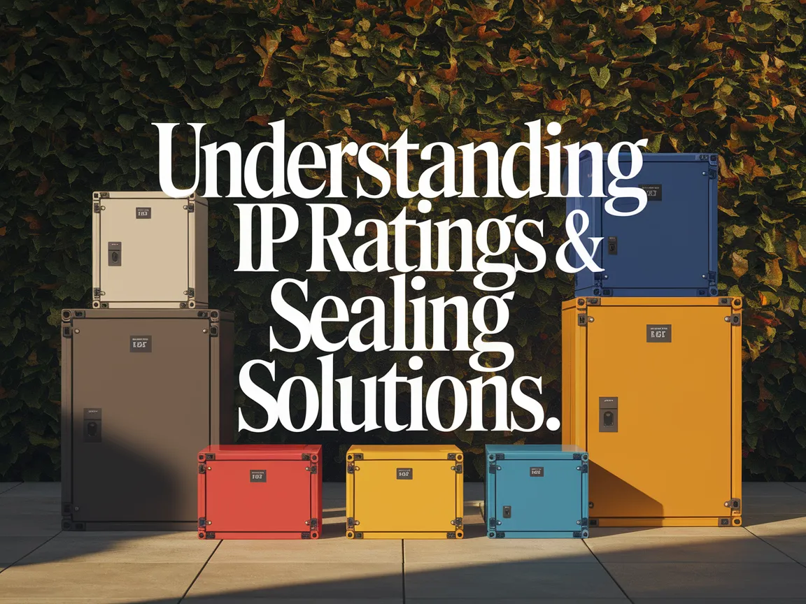 Colorful enclosures displaying different IP ratings and sealing methods for protection.