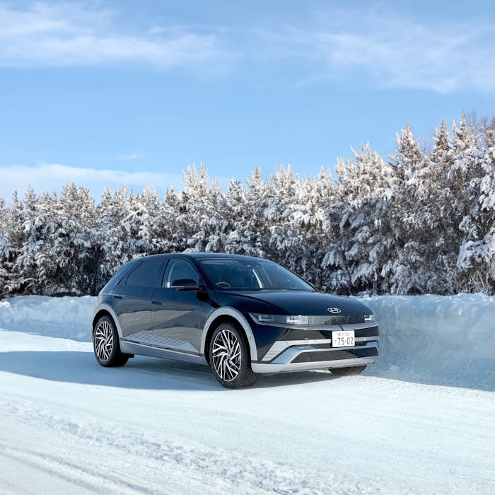 Hyundai Ioniq 5 electric car on a snowy road in Sapporo, Japan.