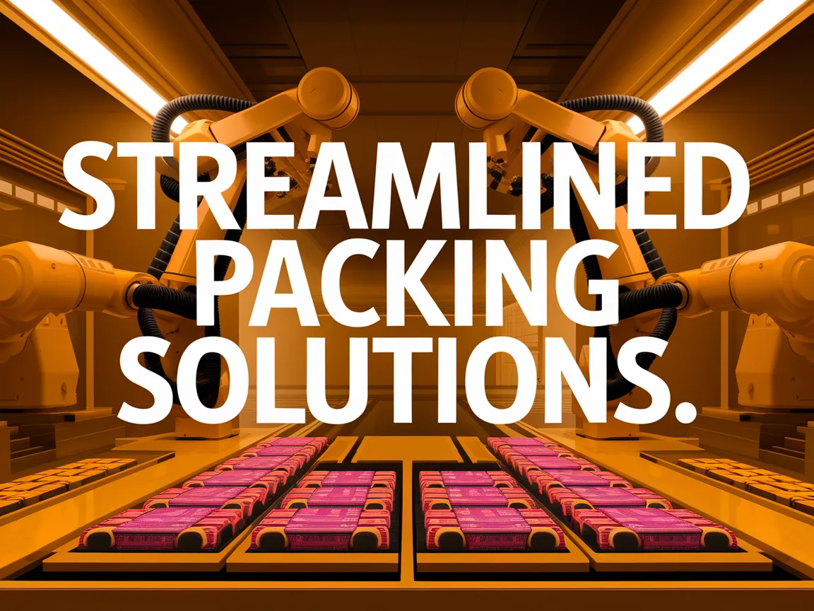 Automated assembly line for packing solutions with robotic arms in action.