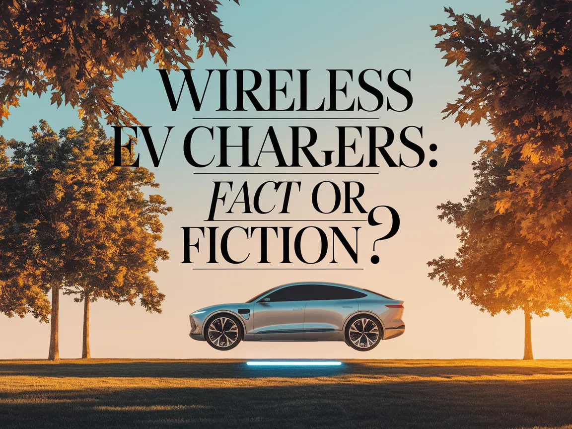 A sleek electric vehicle near a wireless EV charger illustrating the concept of wireless charging technology.